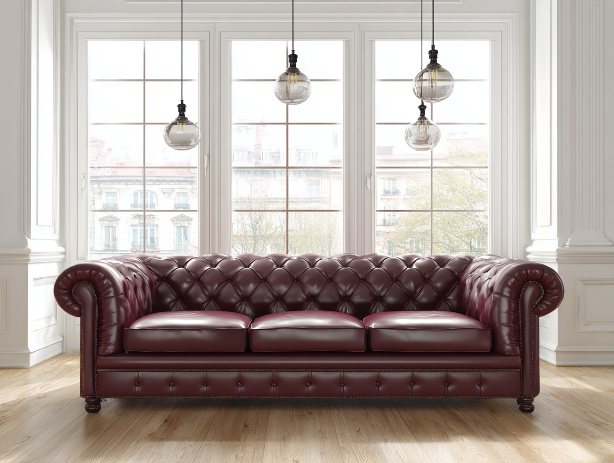 Dreisitzer-Ledersofa 230x95x80 cm - burgund - geeignet für Wohnzimmer - Chesterfield-Design-Luxeoli
