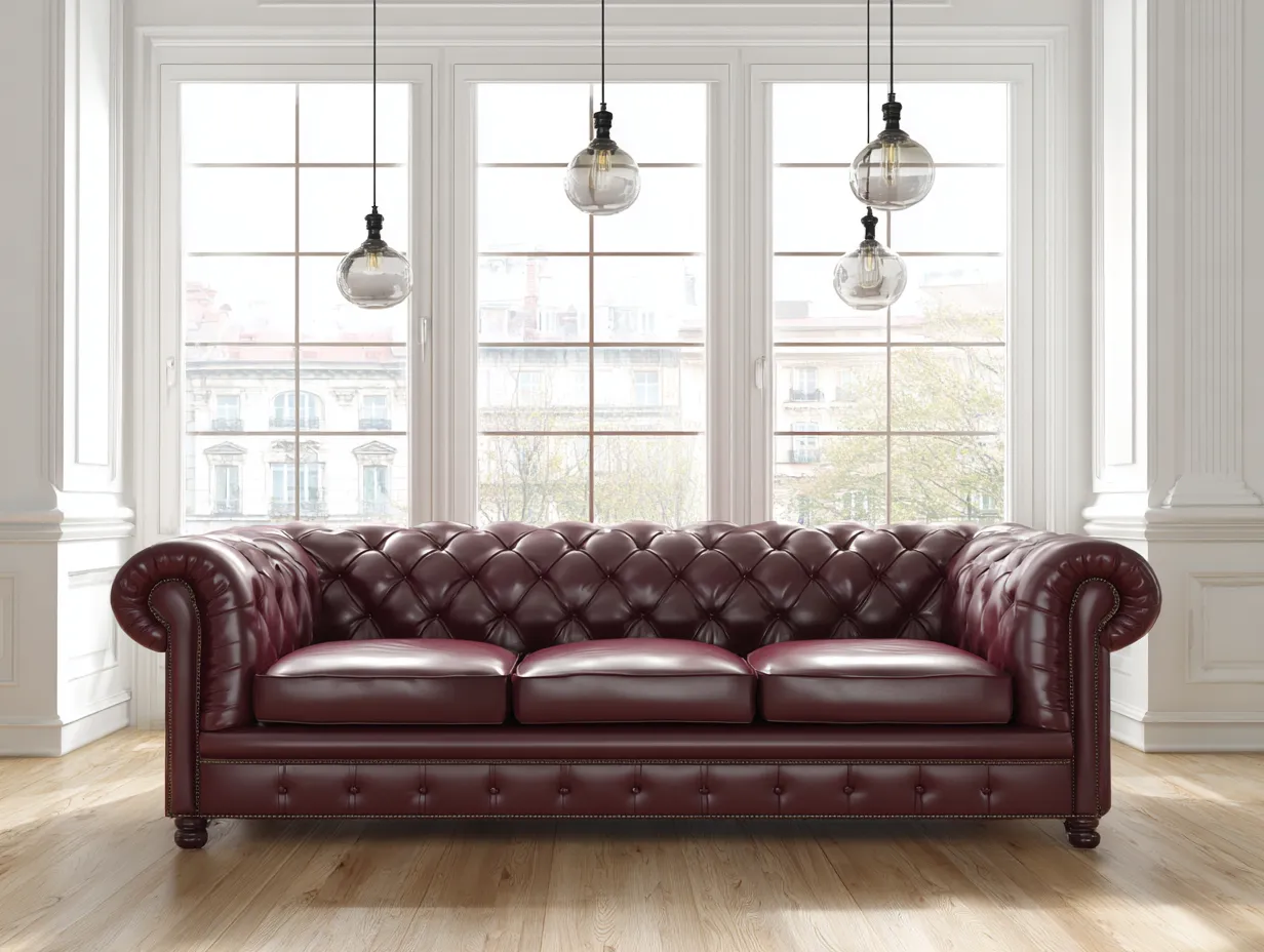 Dreisitzer-Ledersofa 230x95x80 cm - burgund - geeignet für Wohnzimmer - Chesterfield-Design-Luxeoli