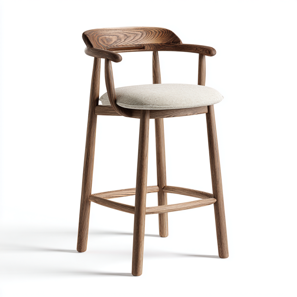 Tabouret de bar - bois-tissu - 48x50x103 cm - noyer-beige - design contemporain-Nicheara
