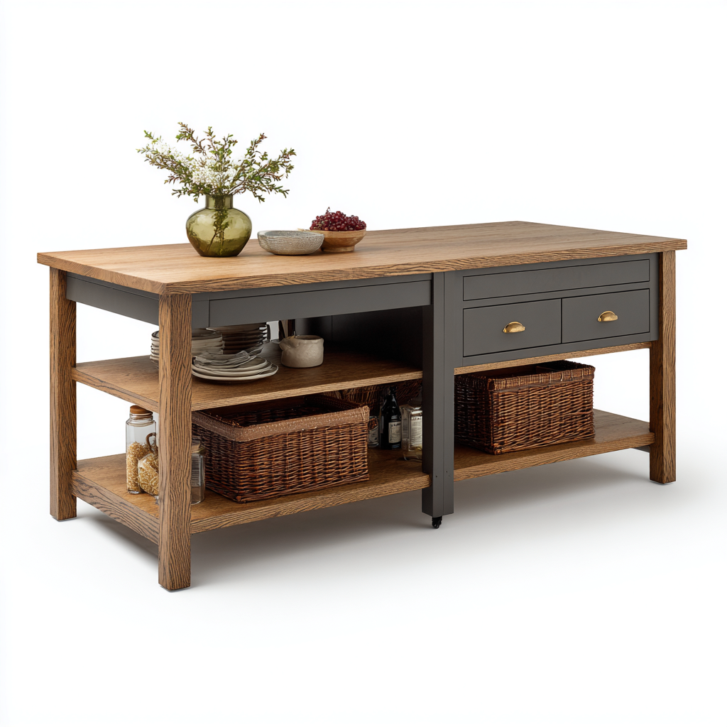 Îlot de cuisine - bois-métal - 180x70x92 cm - chêne-gris - design fonctionnel-Nicheara