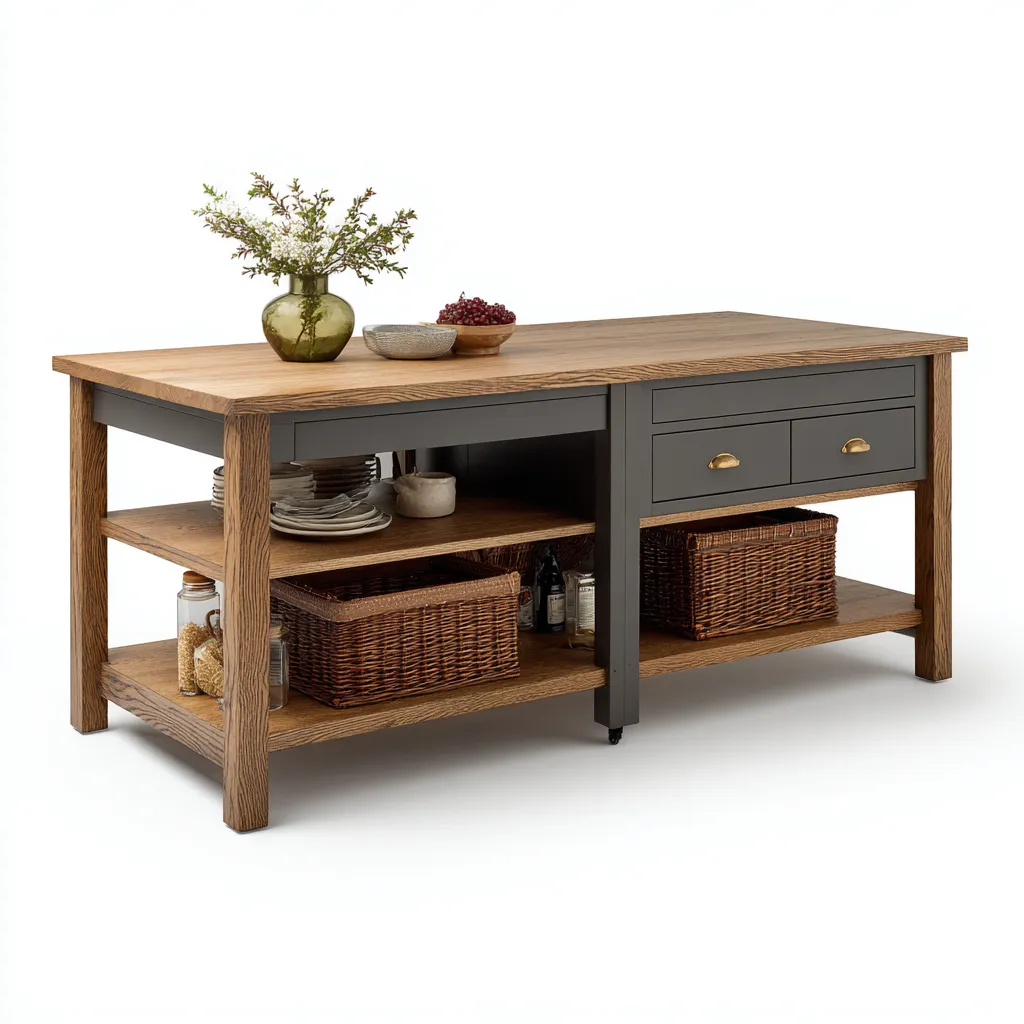 Îlot de cuisine - bois-métal - 180x70x92 cm - chêne-gris - design fonctionnel-Nicheara