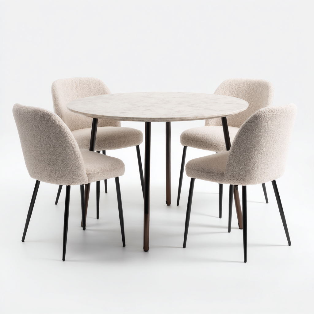 Ensemble table et chaises - marbre-tissu-métal - 118x118x75 cm - blanc-crème-noir - design moderne-Nicheara