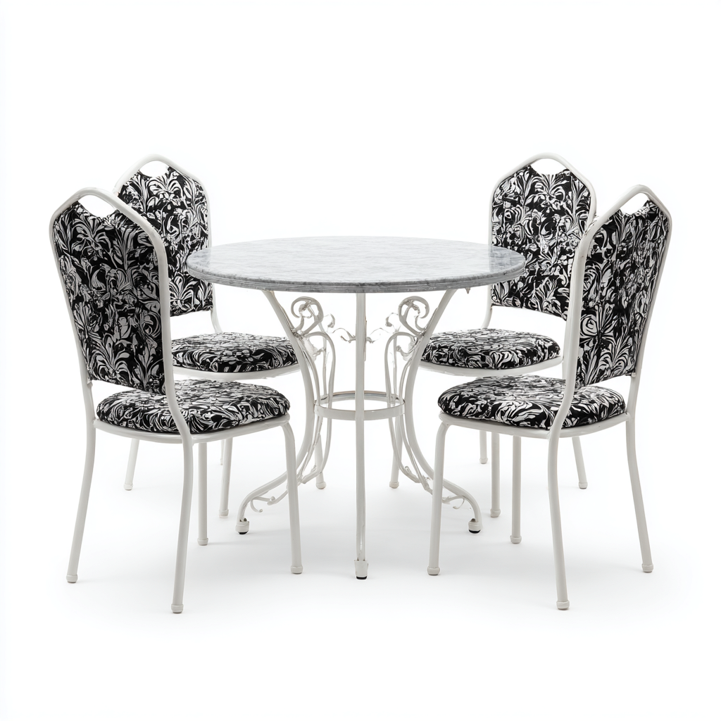 Ensemble table et chaises - marbre-métal-tissu - 100x100x75 cm - blanc-noir - design classique-Nicheara