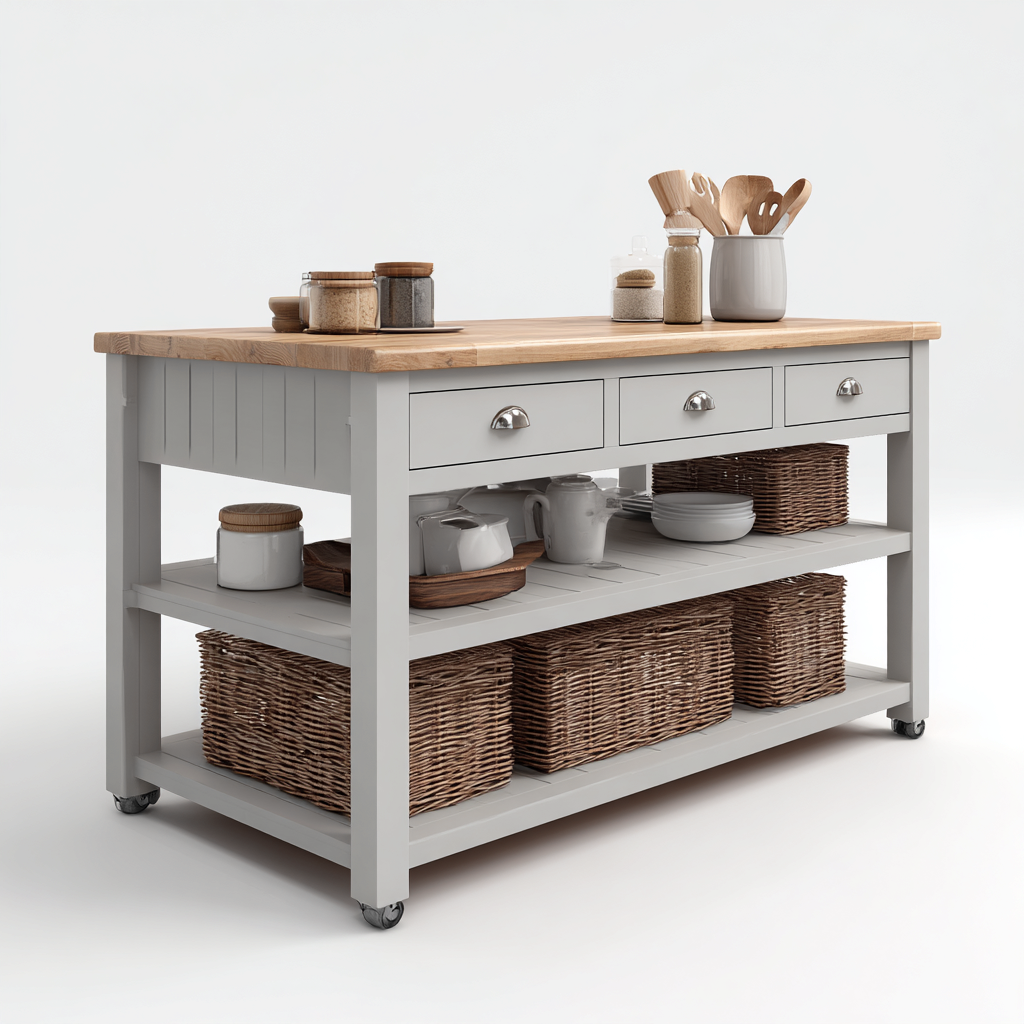 Îlot de cuisine - bois-métal - 140x55x92 cm - gris-bois naturel - design fonctionnel-Nicheara