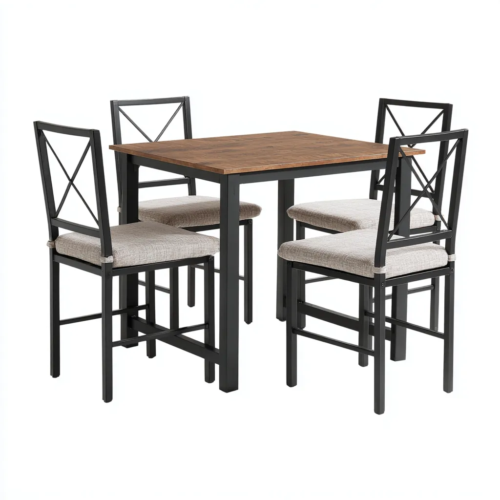 Ensemble table et chaises - bois-métal-tissu - 90x90x75 cm - marron-noir-beige - design moderne-Nicheara