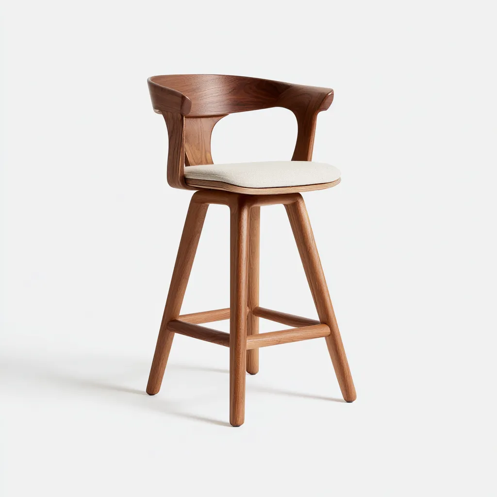 Tabouret de bar - bois-tissu - 48x48x95 cm - noyer-beige - design contemporain-Nicheara