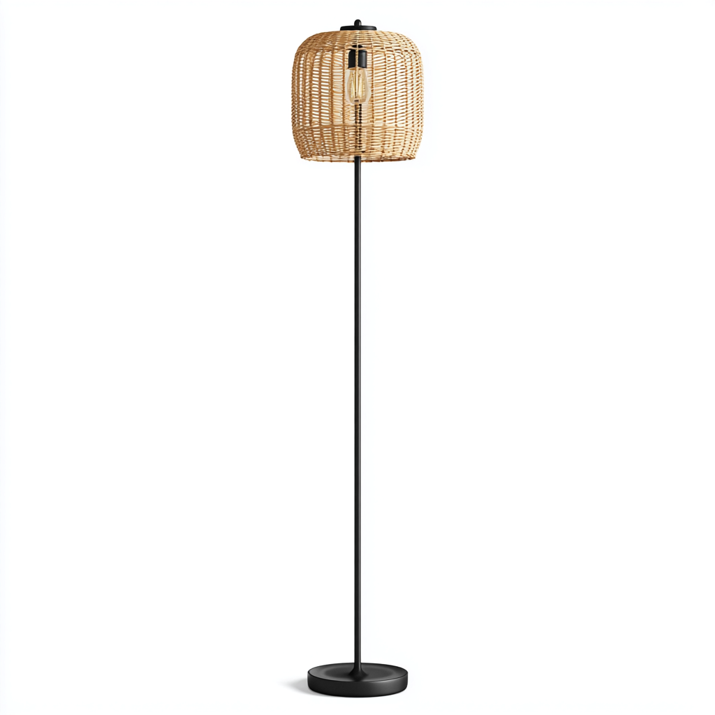 Lampadaire - métal-rotin - 38x30x160 cm - noir-naturel - style naturel contemporain-Nicheara