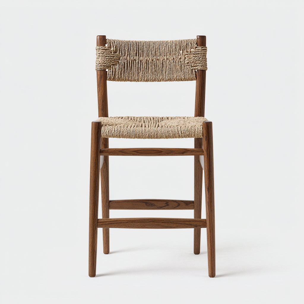 Tabouret de bar - bois-corde tressée - 44x50x108 cm - noyer-beige - style naturel-Nicheara