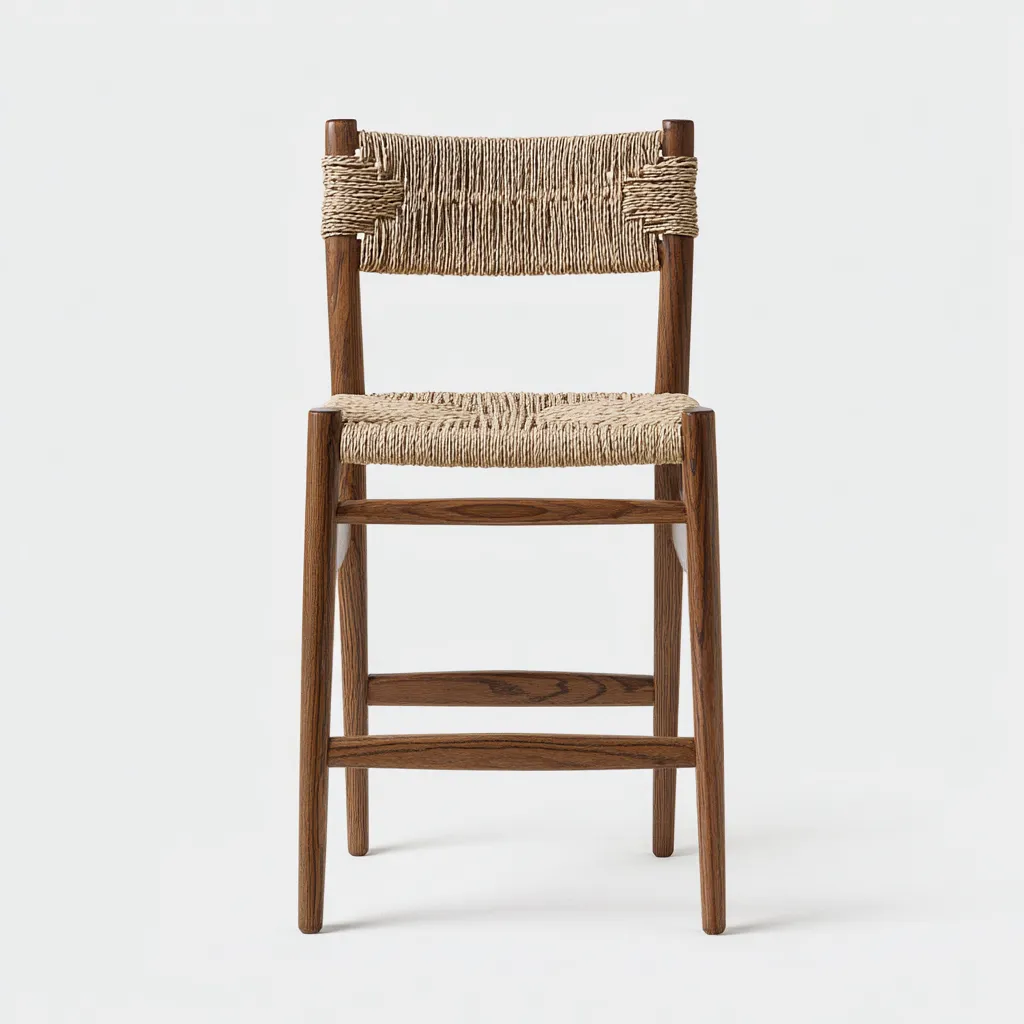 Tabouret de bar - bois-corde tressée - 44x50x108 cm - noyer-beige - style naturel-Nicheara