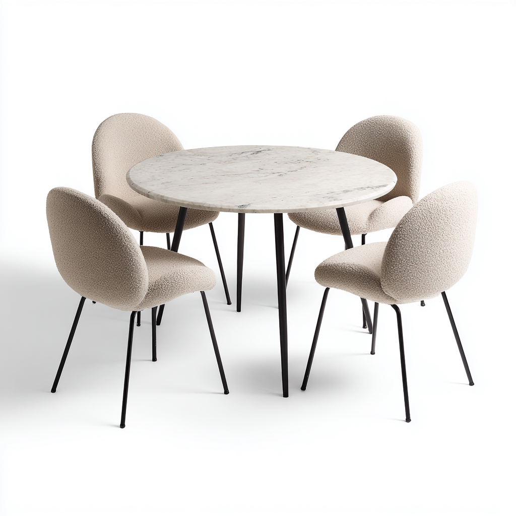 Ensemble table et chaises - marbre-tissu-métal - 120x120x75 cm - blanc-crème-noir - design moderne-Nicheara