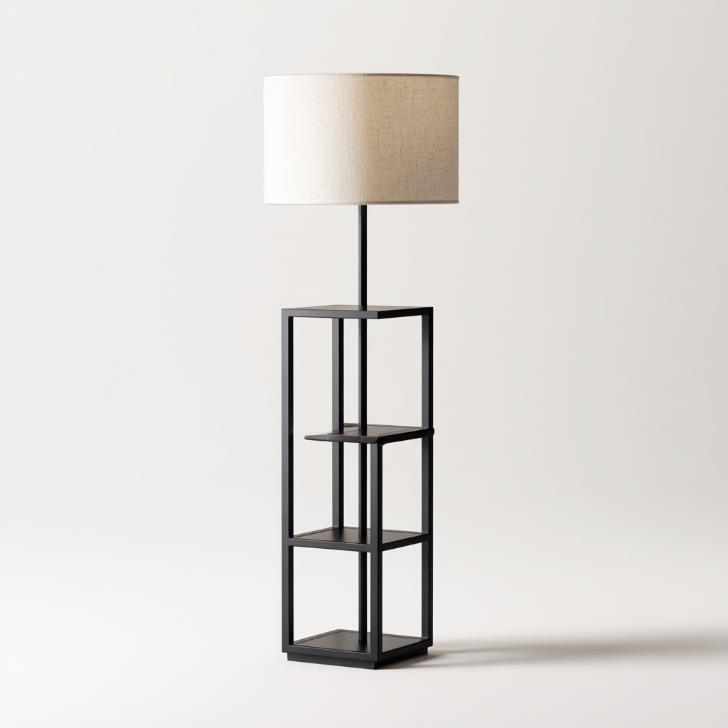 Lampadaire-métal-tissu-38x38x160 cm-noir-beige-style contemporain-Nicheara