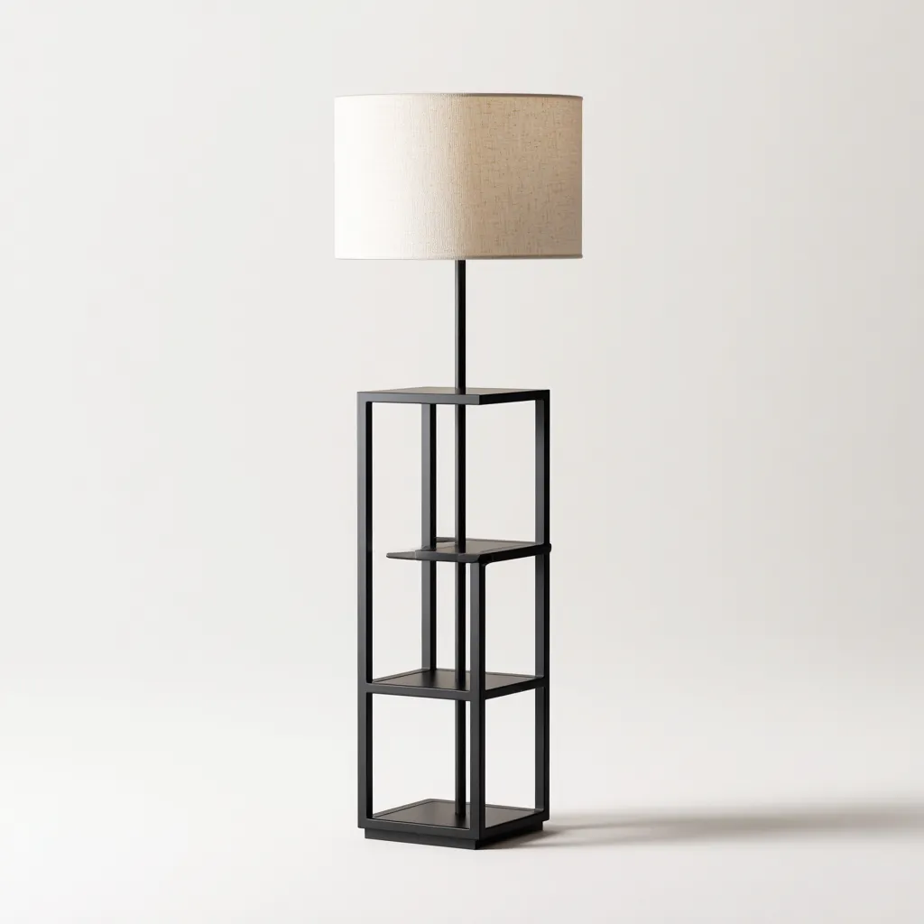 Lampadaire-métal-tissu-38x38x160 cm-noir-beige-style contemporain-Nicheara