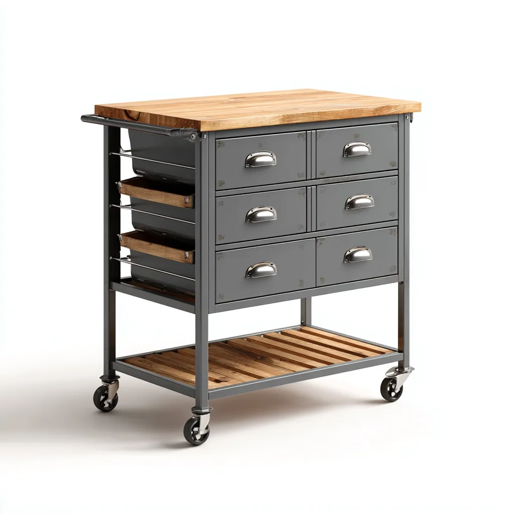 Îlot de cuisine - métal-bois - 88x54x91 cm - gris-bois naturel - design industriel-Nicheara