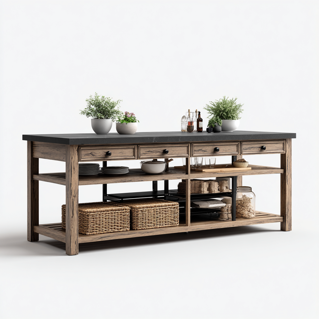 Îlot de cuisine - bois-métal - 200x78x94 cm - chêne-noir - design fonctionnel-Nicheara