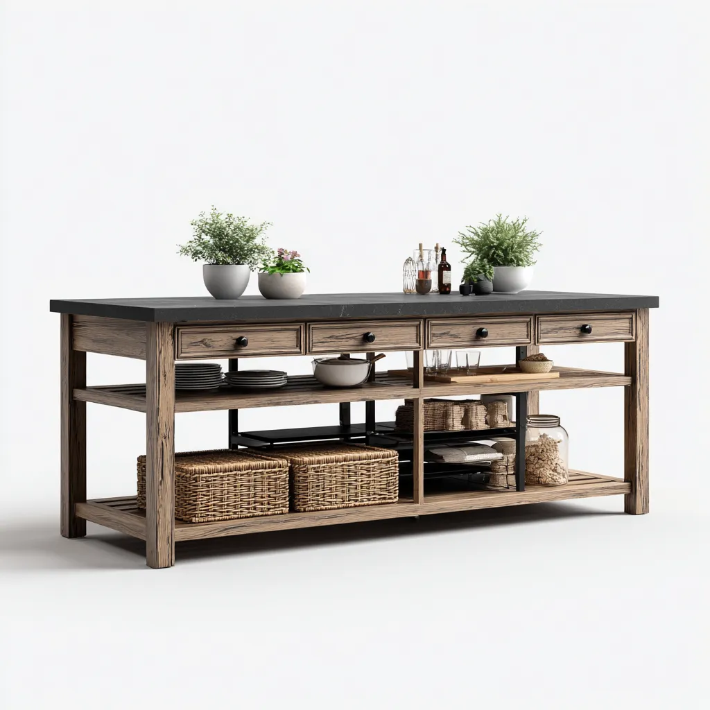 Îlot de cuisine - bois-métal - 200x78x94 cm - chêne-noir - design fonctionnel-Nicheara