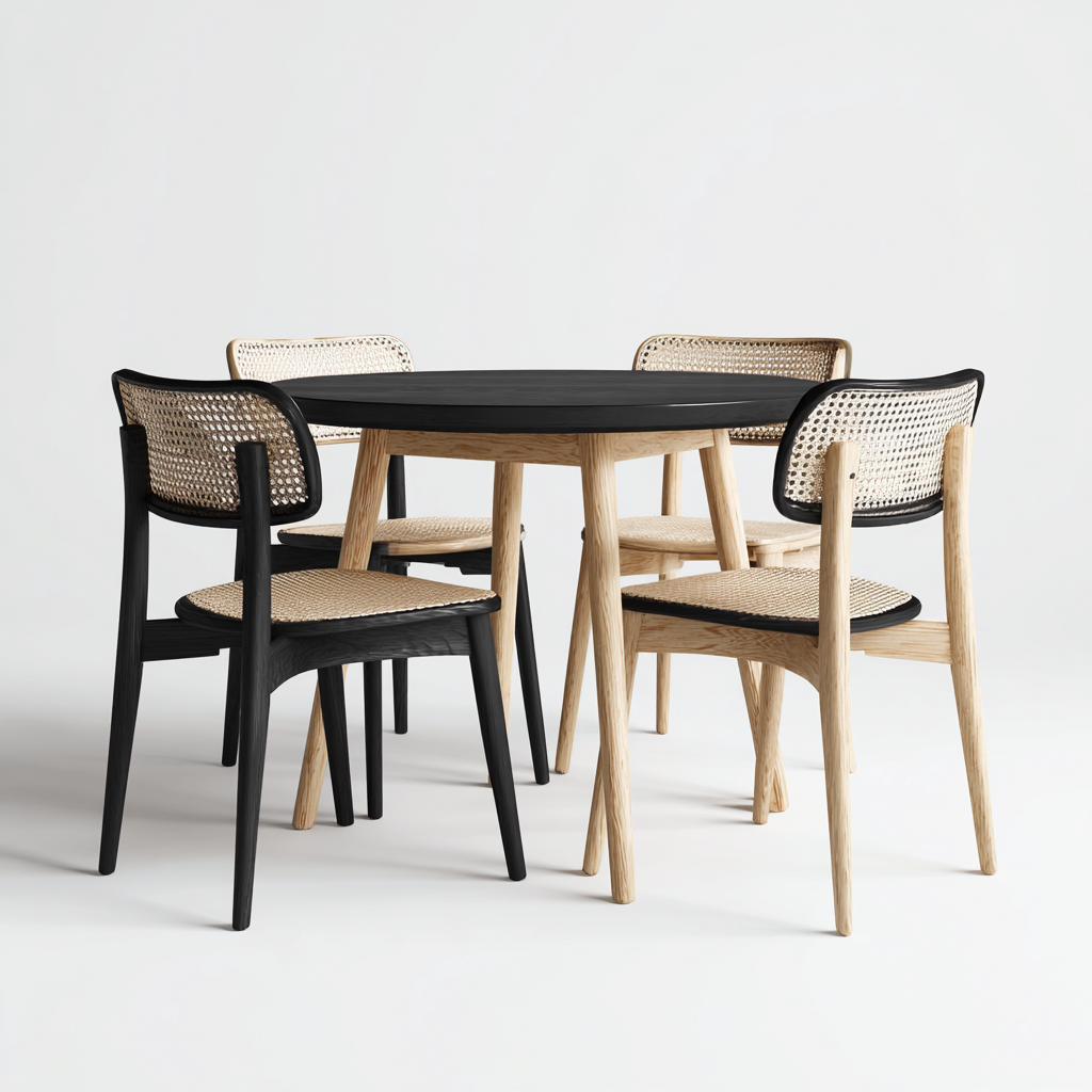 Ensemble table et chaises - bois-rotin - 115x115x76 cm - noir-naturel - design moderne-Nicheara