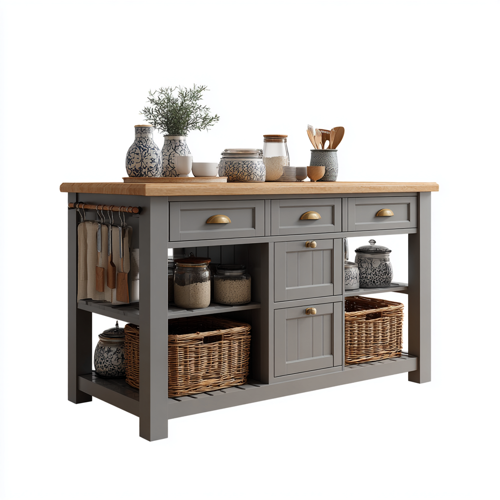 Îlot de cuisine - bois-métal - 142x56x93 cm - gris-bois naturel - design fonctionnel-Nicheara