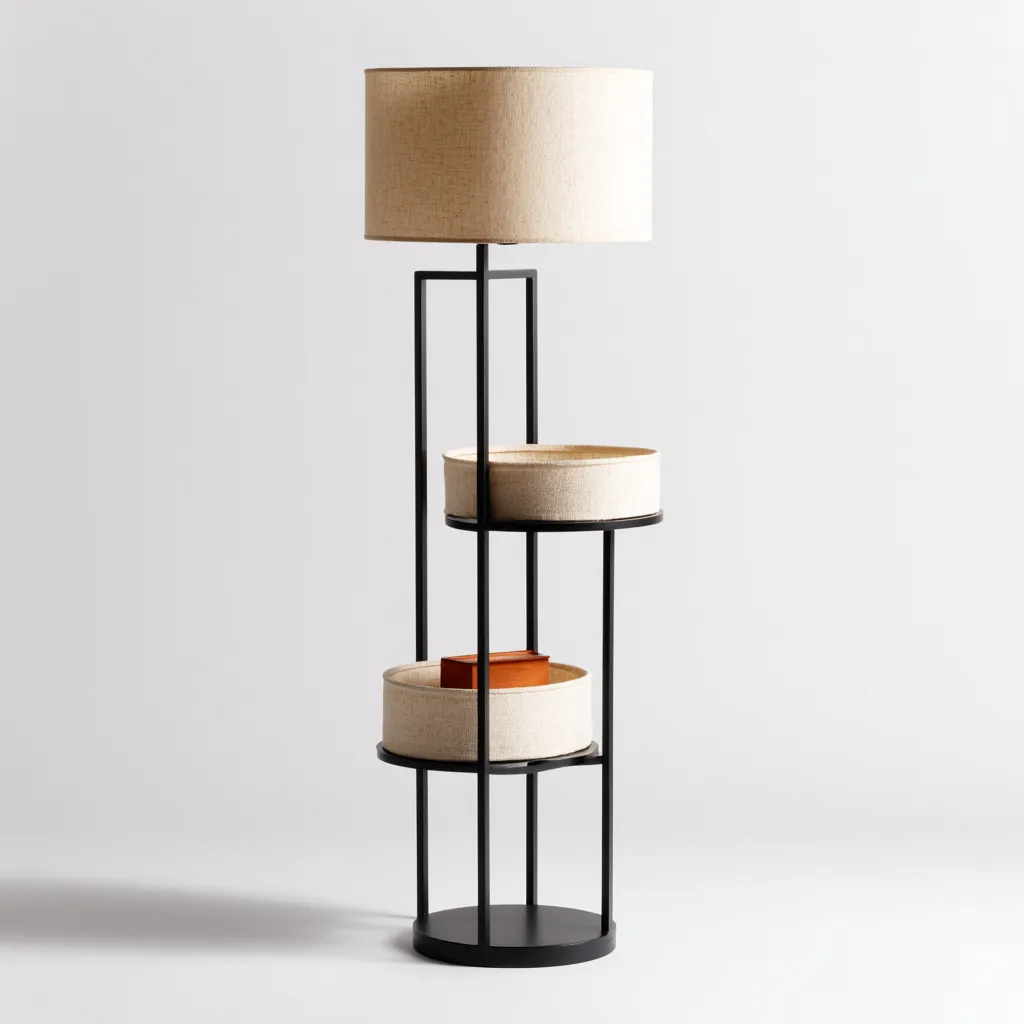 Lampadaire-métal-tissu-40x40x155 cm-noir-beige-style contemporain-Nicheara