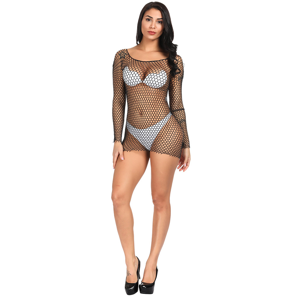Sexy Long-Sleeve Hollow-Out Fishnet Lingerie - Cheeky Mini Skirt