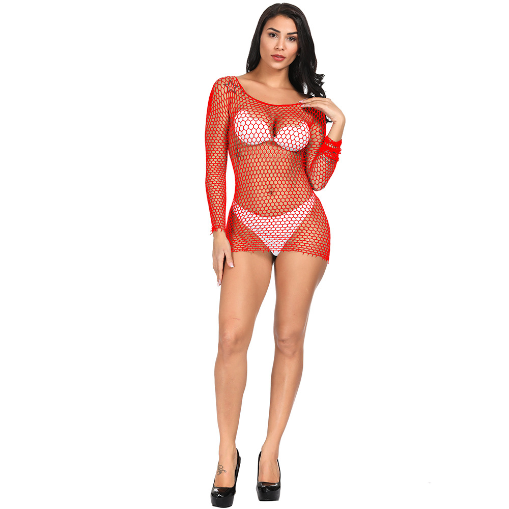 Sexy Long-Sleeve Hollow-Out Fishnet Lingerie - Cheeky Mini Skirt