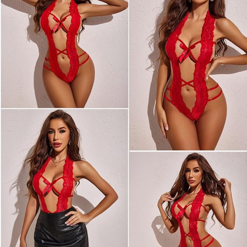 Women Deep V Halter Lingerie Teddy One Piece Bodysuit Lace Babydoll