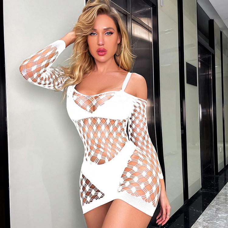 Sexy Long-Sleeve Women's Sheer Hollow-Out Fishnet Bodysuit Mini Skirt
