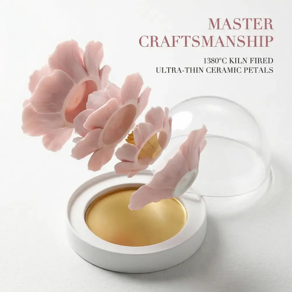 Close-up of delicate handmade ceramic peony petals from Jingdezhen porcelain art