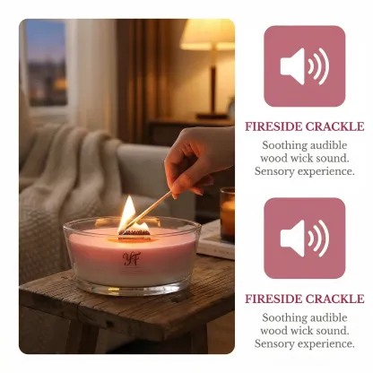 Macro shot of linear wood wick texture and golden flame.