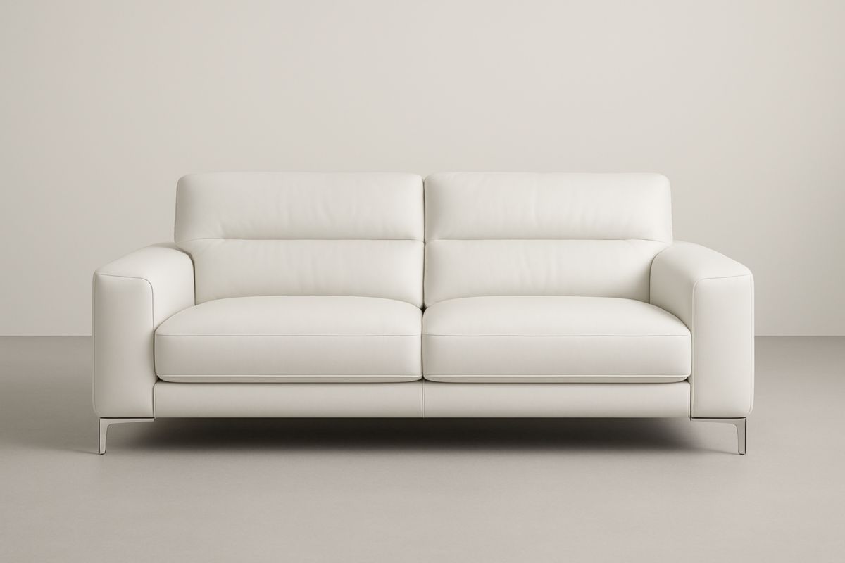 Divano 2 posti in pelle bianca con piedi in acciaio, con cuscini