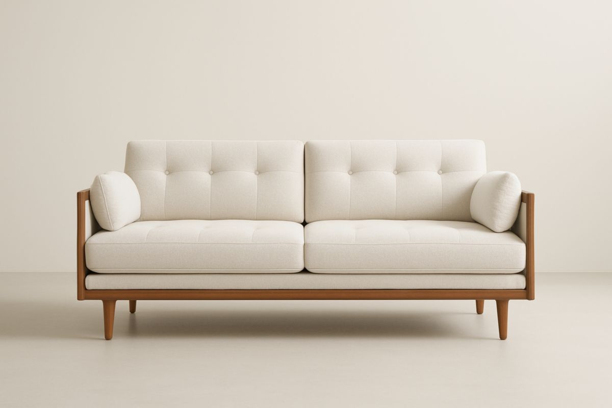 Divano in tessuto crema con struttura in legno massiccio