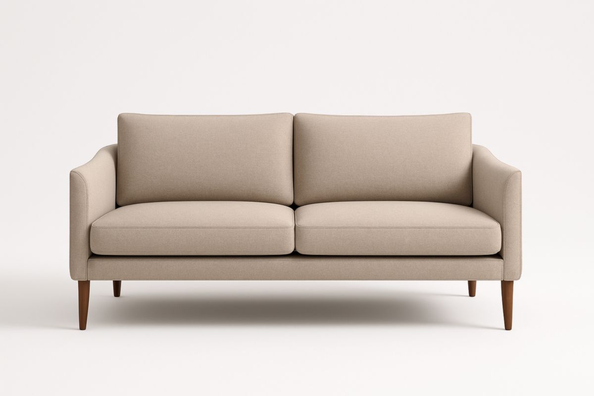 Divano a Due Posti in Tessuto Beige con Gambe in Legno