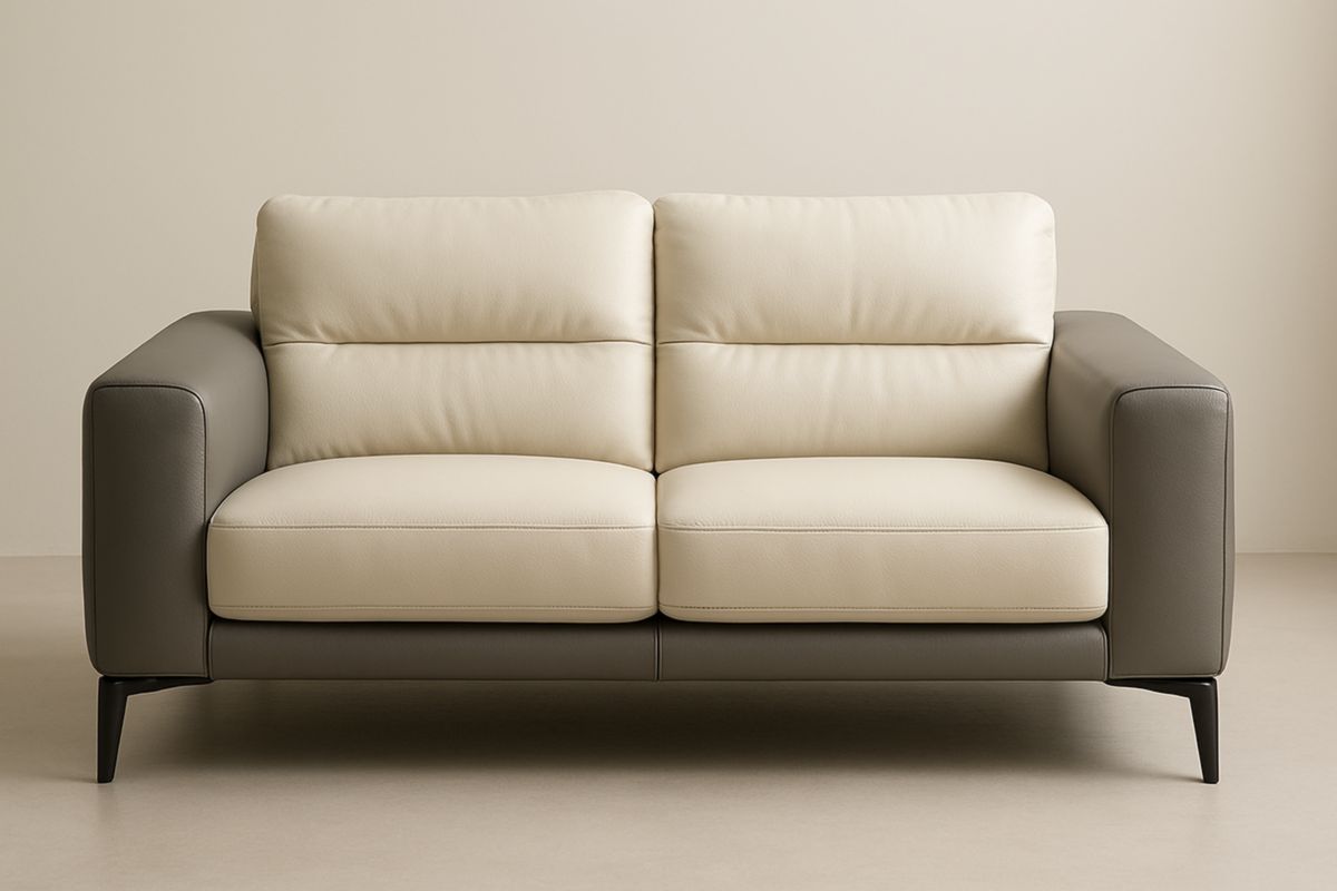 Divano a due posti in pelle crema e grigio