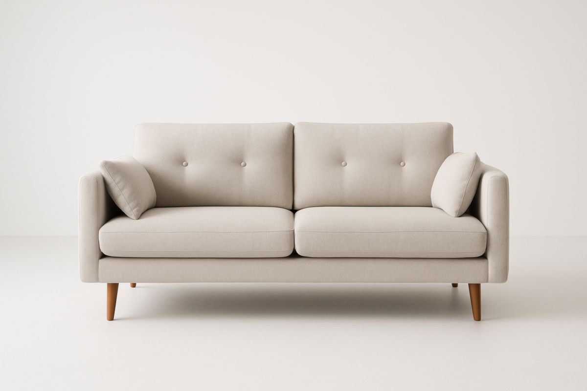 Divano a due posti in tessuto con gambe in legno