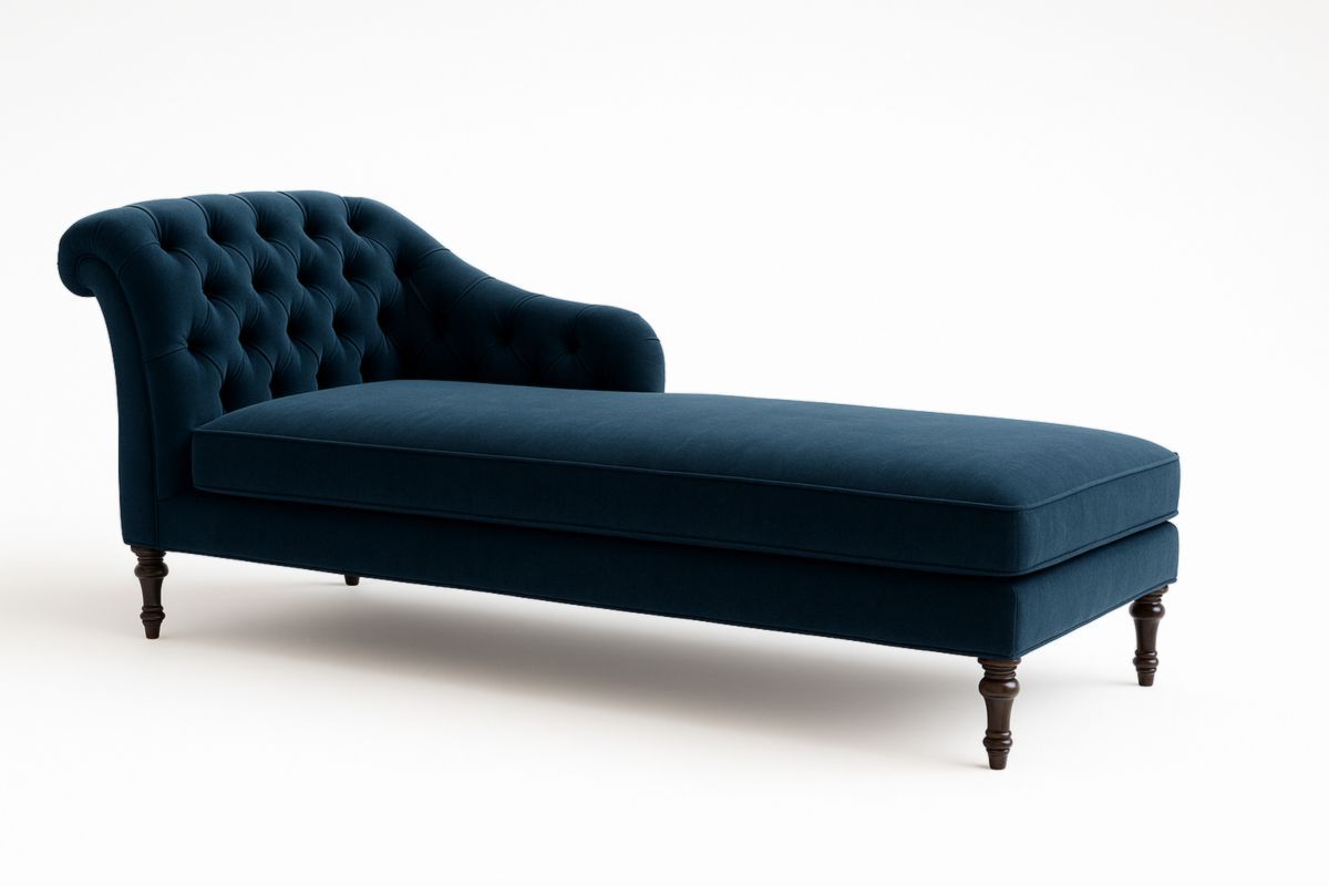 Chaise longue in velluto blu scuro con gambe in legno massello, con cuscino