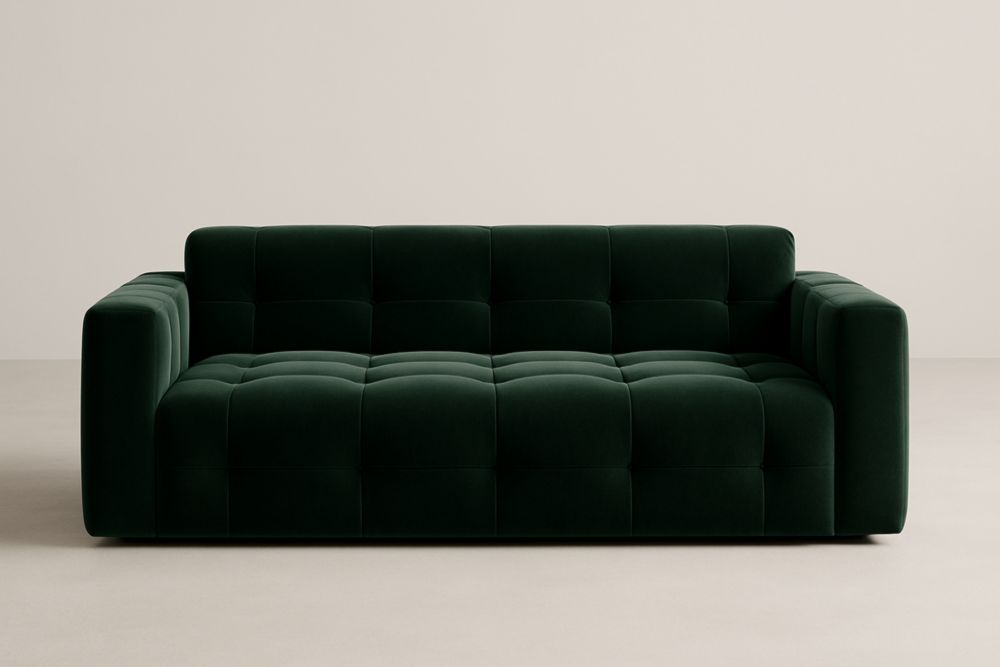 Divano in velluto verde scuro a due posti con braccioli larghi