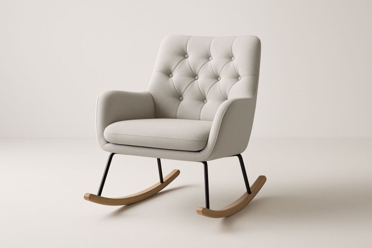 Sedia a Dondolo in Tessuto Grigio con Base in Legno e Gambe in Metallo