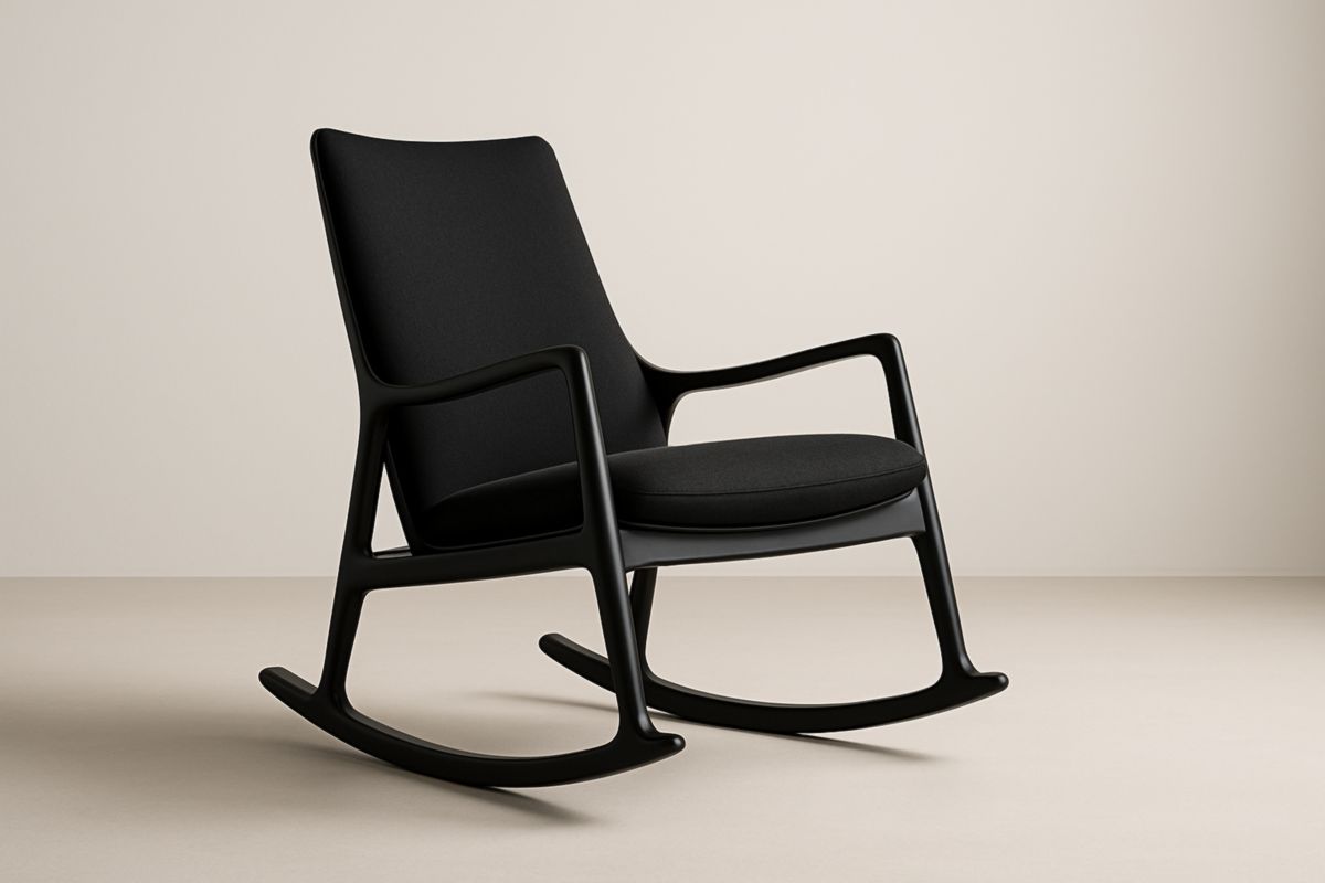 Sedia a dondolo in legno massello nero con cuscino in tessuto