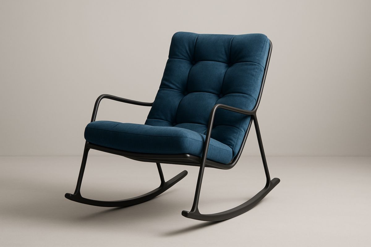 Sedia a dondolo in velluto blu con struttura in alluminio, con cuscino