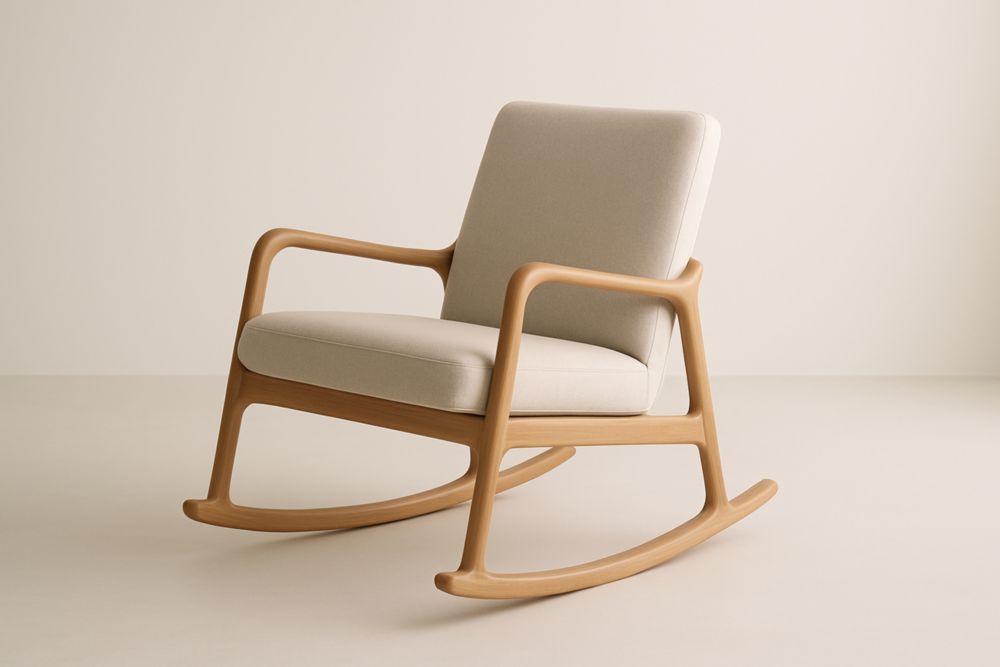 Sedia a dondolo in legno massello con seduta in tessuto di poliestere beige