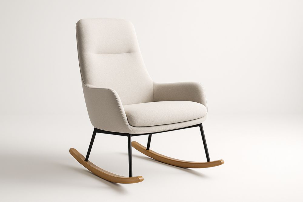 Sedia a dondolo in tessuto di poliestere beige con struttura in acciaio e base in legno massello