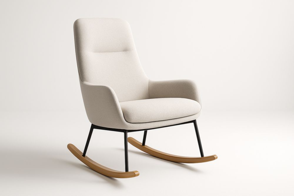 Sedia a dondolo in tessuto di poliestere beige con struttura in acciaio e base in legno massello