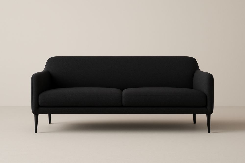 Divano due posti in tessuto nero in poliestere con gambe in acciaio