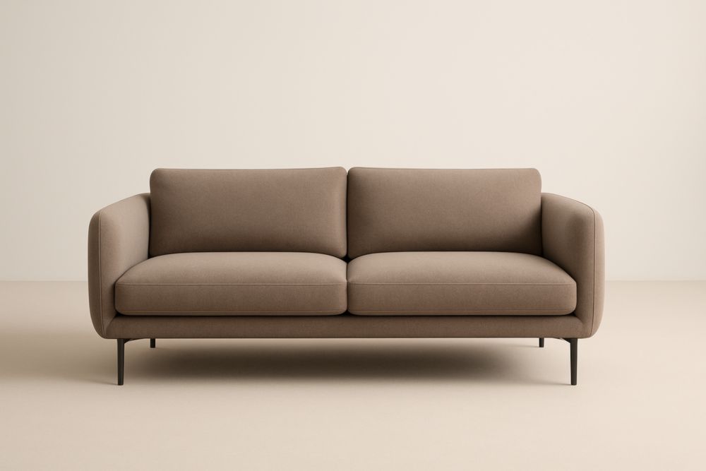 Divano a 2 posti in tessuto poliestere marrone con struttura in legno massello e gambe in acciaio