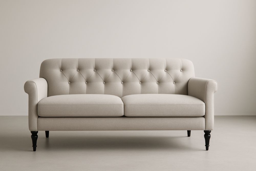 Divano a Due Posti in Tessuto Beige con Bottoni e Gambe in Legno massello