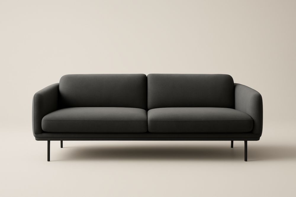 Divano a due posti in tessuto grigio con struttura in acciaio