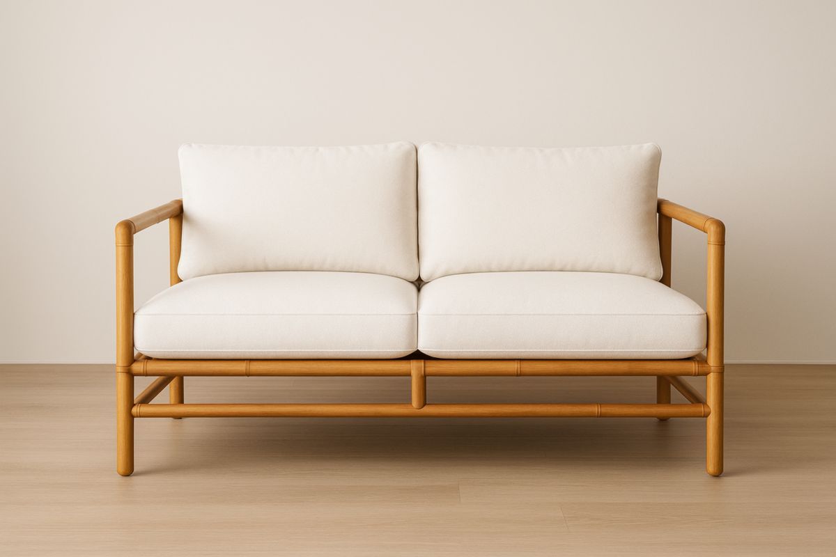 Divano due posti in bambù e tessuto bianco