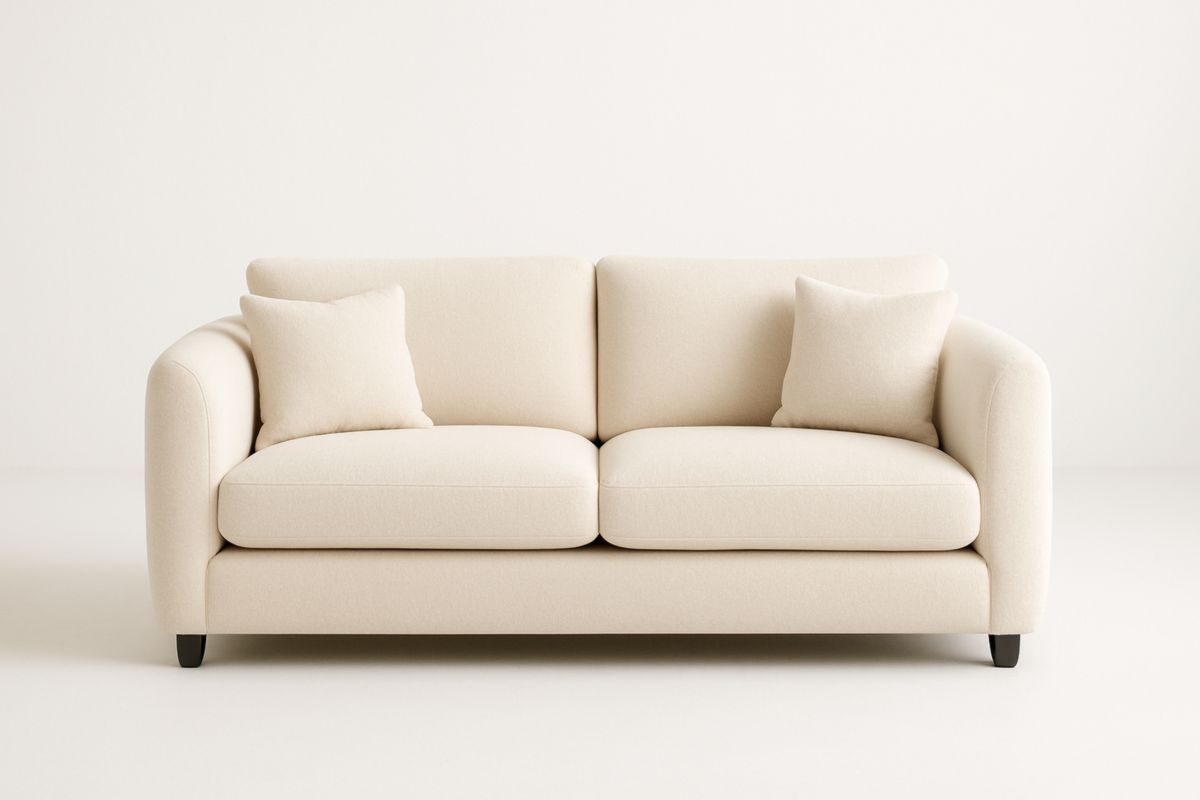 Divano Beige a Due Posti in Tessuto, con Cuscini