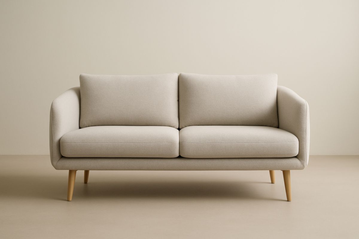 Divano a 2 posti in tessuto beige con gambe in legno massiccio, con cuscini