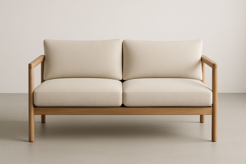 Divano a due posti in tessuto beige in poliestere con struttura in legno massello