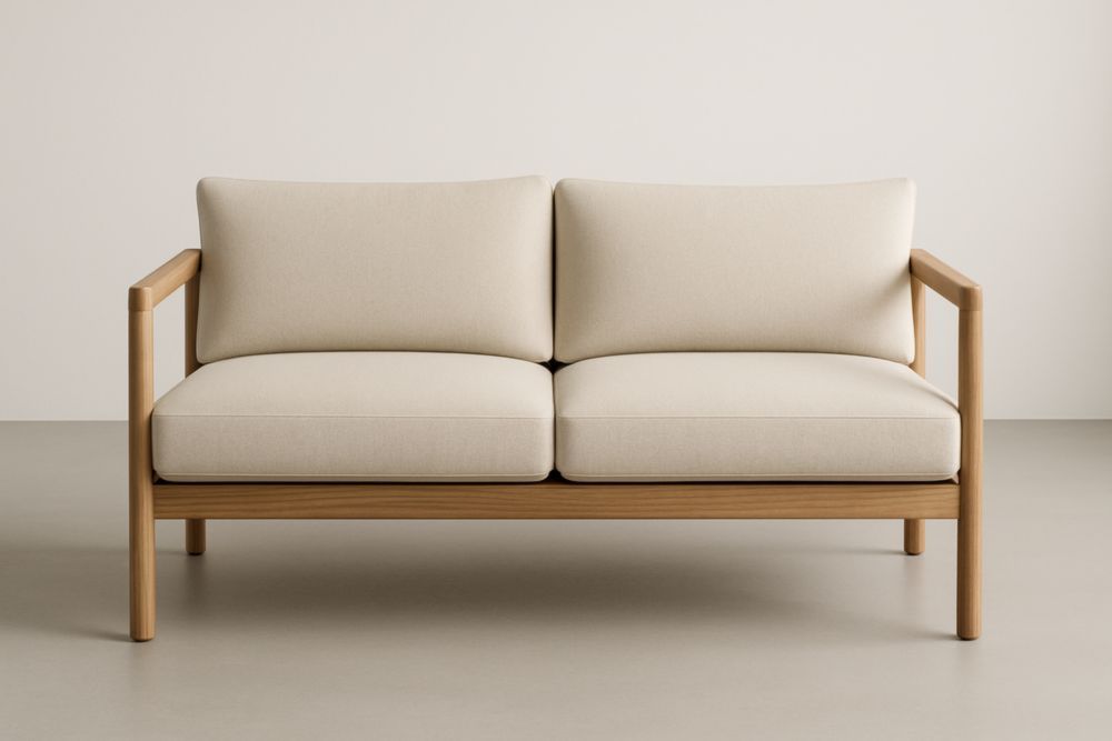 Divano a due posti in tessuto beige in poliestere con struttura in legno massello